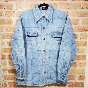 Blue Denim Light Wash Square Grid Piecework Patchwork Trucker Button Down Short